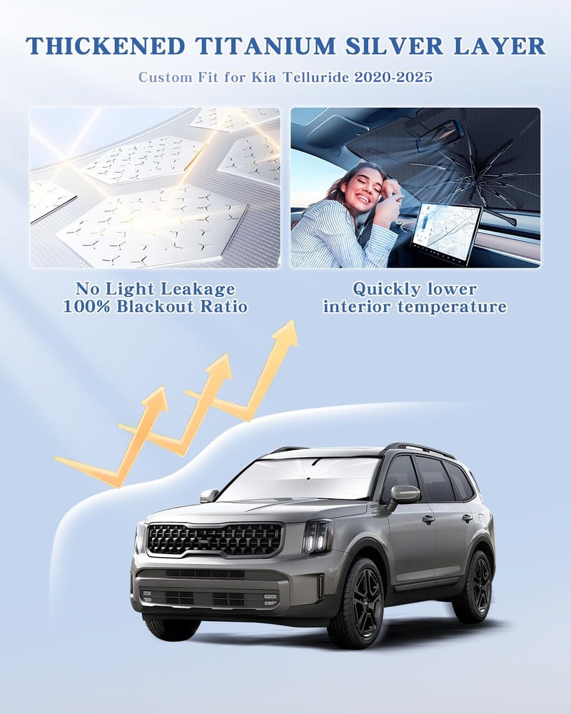 Epltion Portable for Kia Telluride 2020-2025 2026 Windshield Sunshade Umbrella with Carry Bag, 2 in1 Ice Crystal Durable Shade Umbrella UPF50+ UV Front Window Heat Insulation Protection Outdoor Camping - Image 2